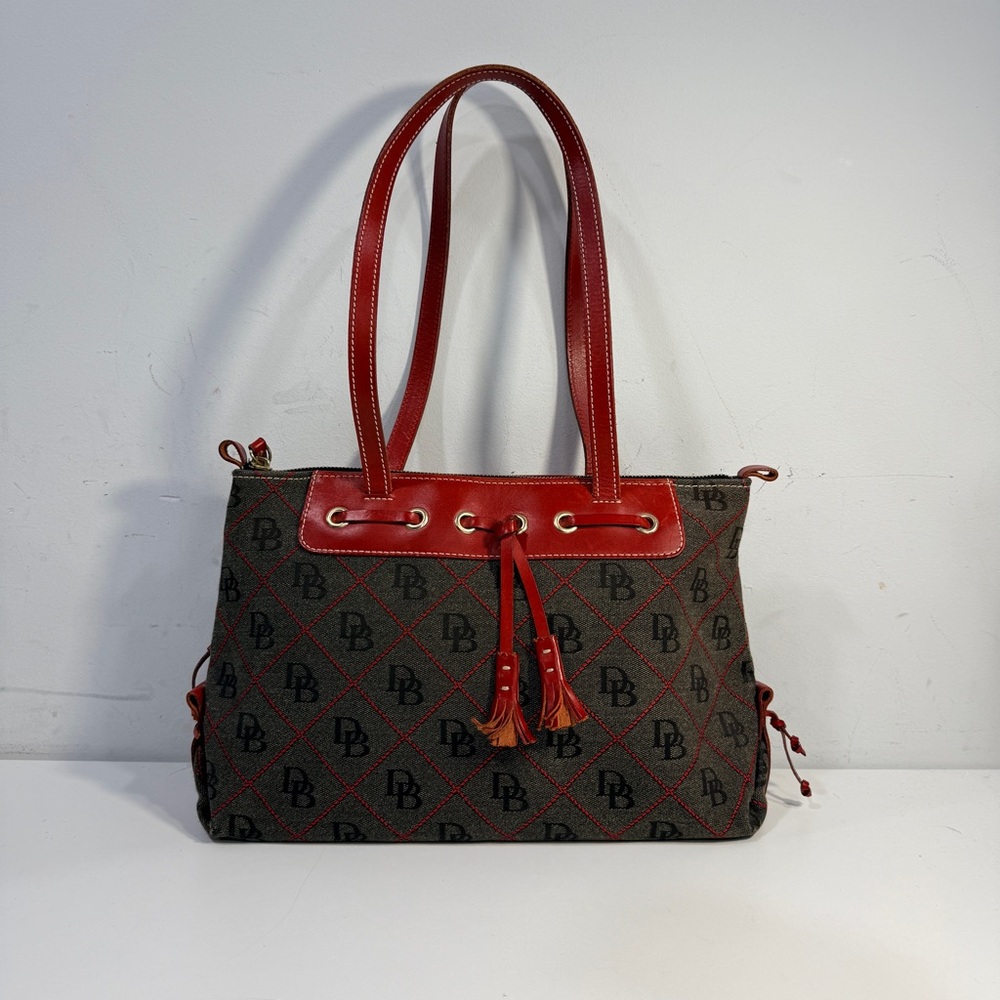 Dooney & Bourke Brown Red Signature DB Logo Shoulder Bag Satchel Purse Tasseled